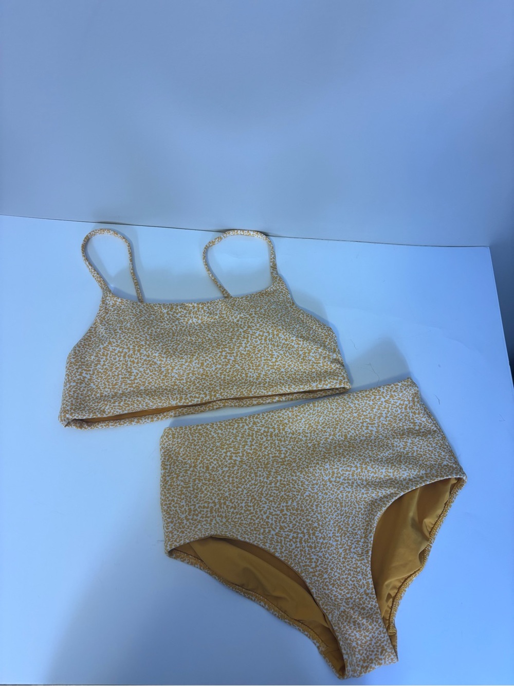 Athleta Yellow & White Leopard Print Swimsuit Top Medium, Bottoms Small